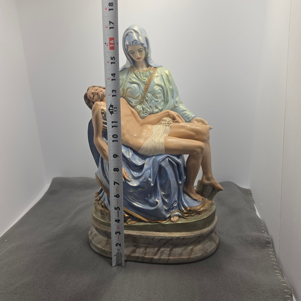 Vintage Pieta Statue Mary Jesus Religious Sculpture Blue Gold Chalkware 16in - Picture 2 of 15